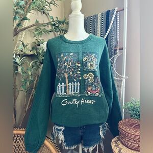 Vintage Chic Cottagecore Country Harvest Sunflower Leaves Textured Sweatshirt
